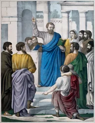 Esdras lendo o livro da lei de Moisés, ilustração de um catecismo LHistoire Sainte, publicado por Charles Delagrave, Paris, final do século XIX