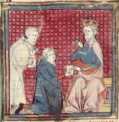 F.117r Mensageiros dizendo a Carlos Magno da vitória sobre os sarracenos, das Grandes Chroniques de France, 1375-79