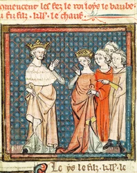 F.180r O Casamento de Luís II (846-79), o Gago e Adelaide de Frioul, Rainha da Aquitânia, das Grandes Chroniques de France 1375-79