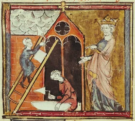 F.235v Rei Luís VI (1080-1137) Assistindo a construção de uma igreja, das Grandes Chroniques de France 1375-79