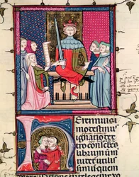 F.39r Lei Conjugal, uma esposa adúltera que aparece no tribunal, de Justiniani em Fortiatum