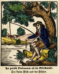 Fables de La Fontaine: os peixinhos e o pescador. Imagem de Epinal, primeira metade do século XIX.