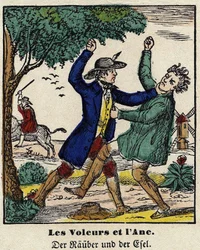 Fables de La Fontaine: os ladrões e o burro. Imagem de Epinal, primeira metade do século XIX.