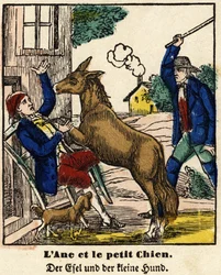 Fábulas de La Fontaine: o burro e o cãozinho. Imagem de Epinal, primeira metade do século XIX