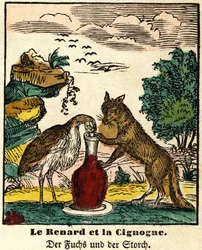 Fábulas de La Fontaine: a raposa e a cegonha. Imagem de Epinal, primeira metade do século XIX