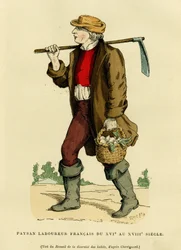 Traje de camponês do século XVII ao século XVIII. Gravura a cores a partir de um desenho de Chevignard, em «A França e os franceses através dos séculos» de Augustin Challamel, F. Roy, editor, Paris 1882. Colecção Selva.