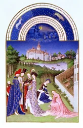 Fascimile de abril: figuras cortesãs nos terrenos do castelo pelos irmãos Limbourg, dos Tres Riches Heures du Duc de Berry (por original ver 8436)