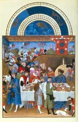 Fascimile de janeiro: cena de banquete pelos irmãos Limbourg, dos Tres Riches Heures du Duc de Berry (por original ver 8433)
