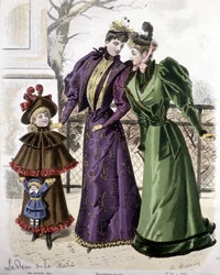 Moda: 2 mulheres e uma menina segurando uma boneca. 1892