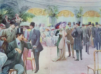 Placa de moda retratando uma reunião da sociedade, 1908