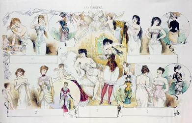 Placa de moda para La Vie Parisienne retratando espartilhos, c.1870 (gravura a cores)