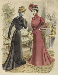 Placa de moda, na sala de estar, ilustração de La Nouvelle Mode, 1897 (gravura a cores)