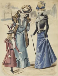Placa de moda, na avenida, ilustração de La Nouvelle Mode, 1897 (gravura a cores)