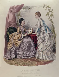 Placa de moda mostrando senhoras em vestidos desenhados por Mme Breant-Castel e olhando para álbuns de fotos, 1872