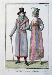 Moda sob o Directoire: um casal de elegantes parisienses. Litografia anónima de 1795. Paris, museu da fantasia