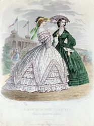 Senhoras parisienses elegantes na beira-mar, 1861 (gravura da cor)
