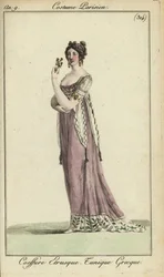 Mulher da moda em penteado etrusco, túnica estilo grego