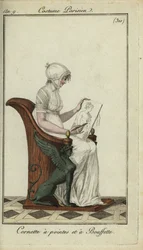 Mulher da moda com chapéu de corneta em uma aula de arte