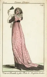 Mulher da moda em véu de renda, vestido de musselina damasco
