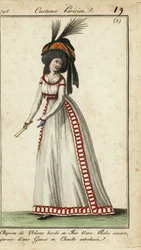 Mulher da moda com leque em enorme penteado e chapéu