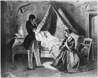 Padre Goriot em seu leito de morte, ilustração de "Le Pere Goriot" por Honoré de Balzac (1799-1850)