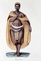 Femme Hottentote (Vénus Hottentote) em traje tradicional - in "Bibliotheque universelle des voyages" de Albert Montémont, ed. Armand Aubrée