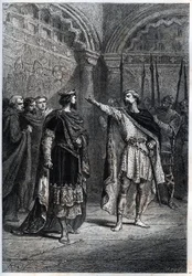Regime feodal: "Quem te fez rei? "Audebert (Adalbert), Conde de Perigord (968-995), responde insolentemente ao Rei Hugues Capet (938-996) que lhe perguntou quem o fez contar - Gravura de pneu do "Histoire de France" de Guizot