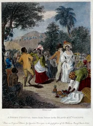 Festa de pessoas negras na ilha de São Vicente (América Central, Antilhas). Gravura do século XIX. Chartres, Museu de Belas-Artes