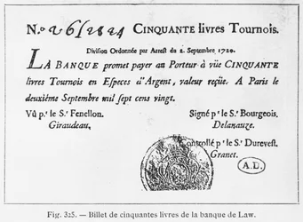 Cédula francesa de cinquenta libras do Banco da Lei, datada de 2 de setembro de 1720