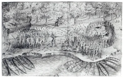 Luta de Hurons, de &39;Voyage de Champlain em 1624&39; por Samuel de Champlain (1567-1635)