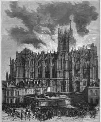 Incêndio da Catedral Saint Etienne (Saint Stephen) de Metz (Moselle, 57), 7 de Maio de 1877. Gravura no "Le Monde Illustré" n°1049 de 19 de Maio de 1877.