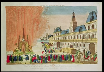 Fogos de artifício em frente ao Hotel de Ville em Paris, celebrando a paz de Versalhes, 1783