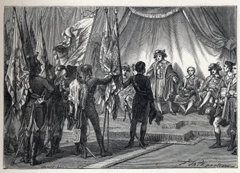 Primeira coligação: Joachim Murat (1767-1815) apresenta ao Conselho Executivo as bandeiras conquistadas pelo exército francês, comandado por Napoleão Bonaparte, durante a campanha italiana. Gravura a partir de 1889. Coleção privada.