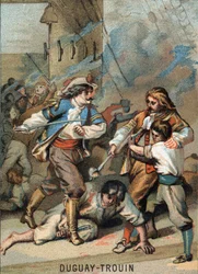 Primeira façanha de Rene Duguay Trouin (Duguay-Trouin) (Rene Trouin du Gue dit) (1673-1736), marinheiro francês: Duguay - Trouin combattant Wassenaer (1695). Cromolitografia da série "Educação Patriótica pela Imagem".