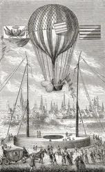 Primeiro voo com balão dirigível, de Dijon, 12 de junho de 1784, de &39;Wonderful Balloon Ascents ou the Conquest of the Skies&39;, de Fulgence Marion, publicado em c.1870