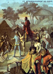 Primeira libertação dos servos (1315) por Louis X. Cromolitografia da série "O ensino patriótico através da imagem".