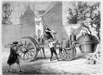 Primeiro carro a vapor (o fardier) experimentado pelo inventor Cugnot, dentro do Arsenal, em Paris