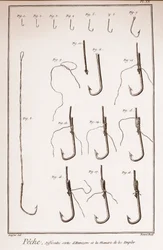 Pesca - anzol, anzol - Pesca - diferentes tipos de hamecons - "The Great Encyclopedie, ou Dictionnaire Raisonne des Sciences, des Arts et des Metiers" (Enciclopédia ou Dicionário das Ciências, Artes e Profissões) por Denis Diderot (1713-17