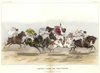 Cinco macacos fantasiados a cavalo