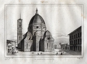 Catedral de Florença - Vista da catedral de Florença, Duomo Santa Maria del Fiore. A cúpula foi construída por Filippo Brunelleschi por volta de 1420-1436, Florença, Itália - Gravura de 