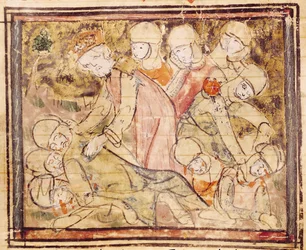 Fol.136v Como Charlemagne (742-814) Encontrou Roland Dead, das Grandes Crônicas da França, 1375-79