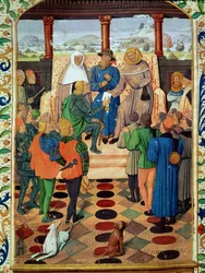 Fol.185v Charles VII (1403-61) dando um documento a Joana d&39;Arc (1412-31) de Le Jouvencel por Jean de Bueil (1405-78)