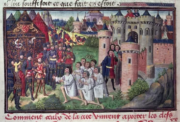 Como os habitantes de Babilônia deram as chaves da cidade a Alexandre, o Grande (356-323 aC), do manuscrito de Jean Vauquelin, da Histoire du Grand Alexandre, 1460