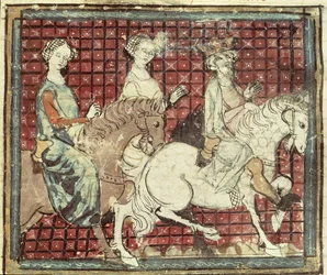 Fol.31r Chilperic I (543-97) e Fredegonde a cavalo, das Grandes Chroniques de France, 1375-79