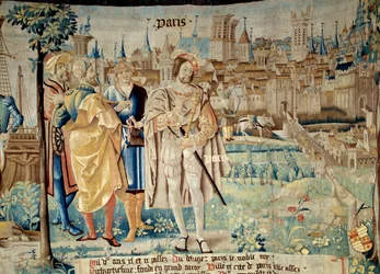 Fondation de la ville de Paris. O rei Francisco I (1494-1547) decidiu estabelecer a sua capital permanente em Paris quando regressou de cativeiro em 1527. Tapeçaria de "A fabulosa história dos Gauleses", feita pela oficina de Arras. 1530 Beauvais, partida