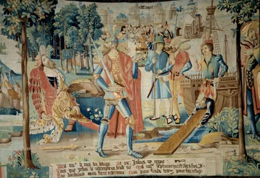Fundação da Cidade de Troyes. O rei Jasius é morto por seu irmão Dardano que fugiu de barco e encontrou Troyes (em Champagne) representado na parte de trás. Tapeçaria de "A fabulosa história dos Gauleses", feita pela oficina de Arras. 1530 Beauvais, partid