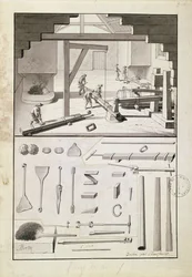 Fundição, desenho para a Description des Arts et Métiers, de L. Simonneau, que inspirou Diderot para a Encyclopédie