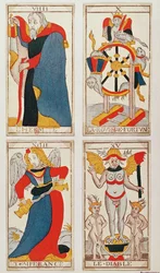 Quatro cartas de tarot representando O Eremita, A Roda da Fortuna, A Temperança e O Diabo