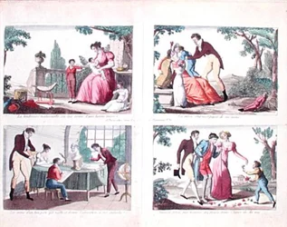 Quatro cenas retratando as responsabilidades parentais, início do século XIX (gravura colorida)