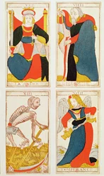 Quatro cartas de tarô representando a Justiça, a Temperança, a Morte e o Eremita